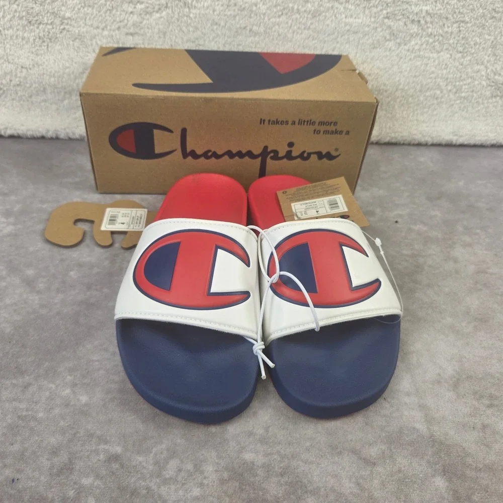 Champion IPO Split Slides White Red Blue Youth Size 4 CP101335Y Big C Sandals